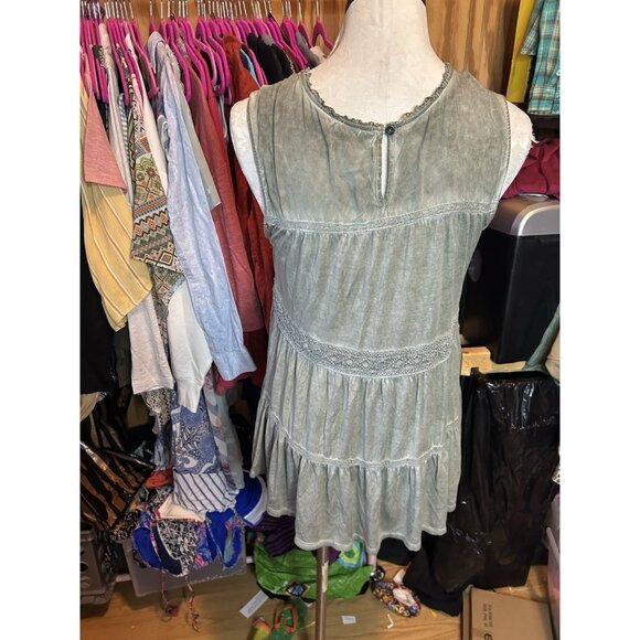 KNOX ROSE Size L 3/4 Sleeveless Knit Blouse Green Eyelet Embroidered Boho - Picture 7 of 9